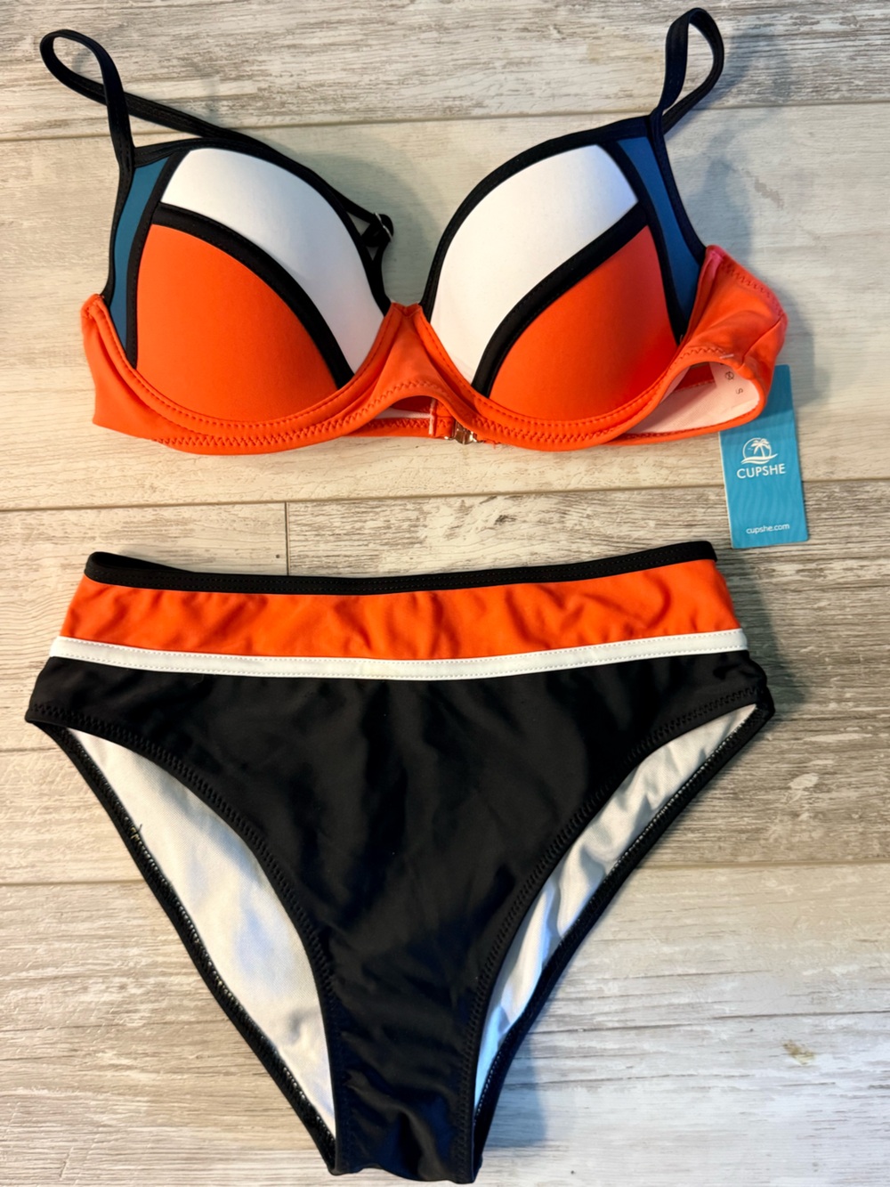 CUPSHE Color Block Underwire Bikini Swimsuit Orange Black White Small NWT